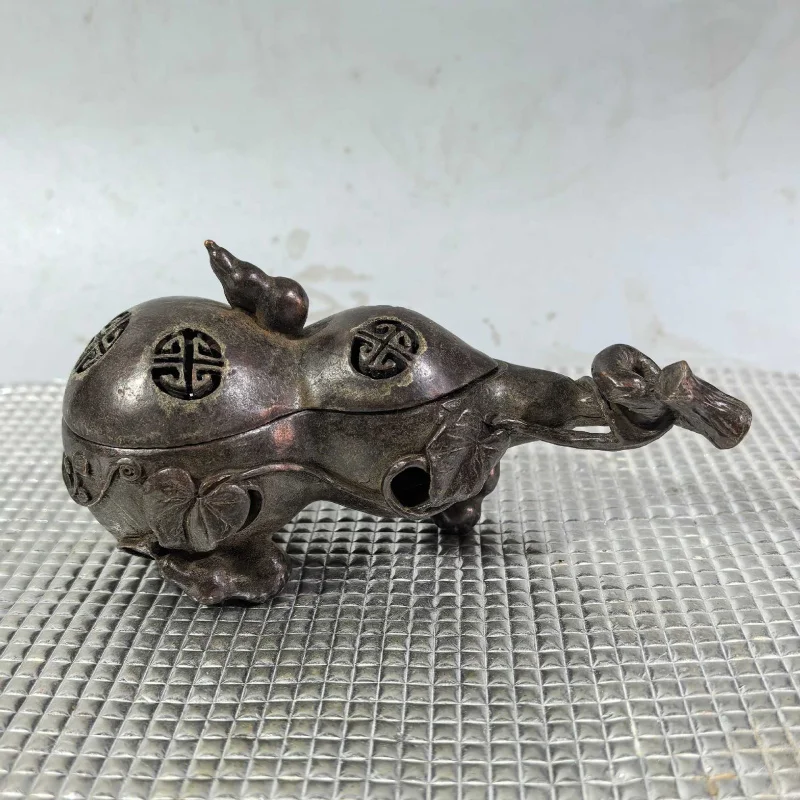 Antique Solid Qianlong Imperial Fortune and Prosperity Double Harvest Gourd Incense Burner Ornament Wealth-Attracting Retro Copp