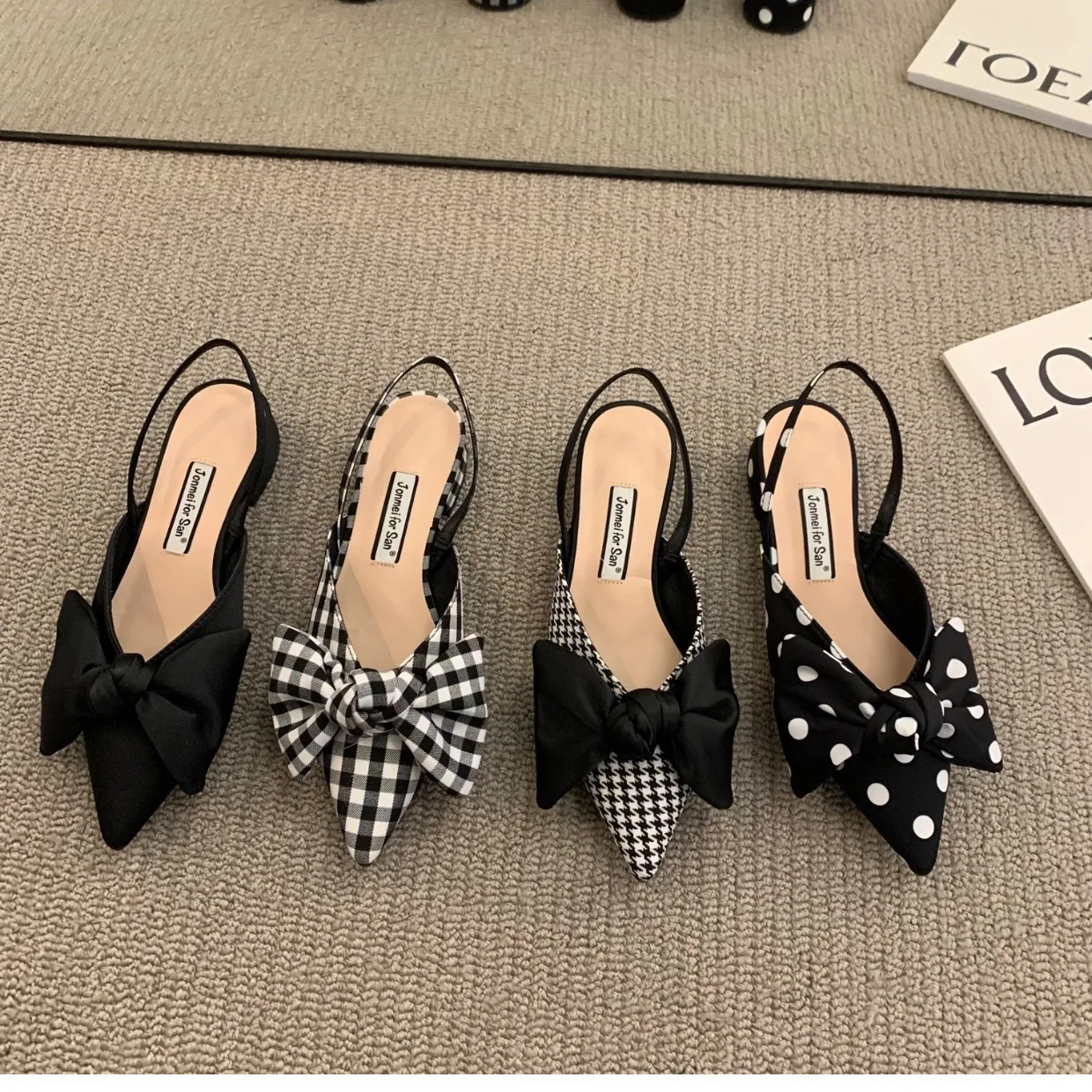 Sandals Elastic Band 2024 Women\'s Female Shoe Clear Heels Slip-on New Girls Closed Pointed Summer Spring  Fashion Retro Low Beig