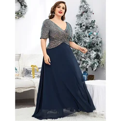 Plus Size 4xl V-Neck Short-Sleeved Colorful Sequined Long Chiffon Women's Evening Dress Banquet Wedding Sequined Evening Dress