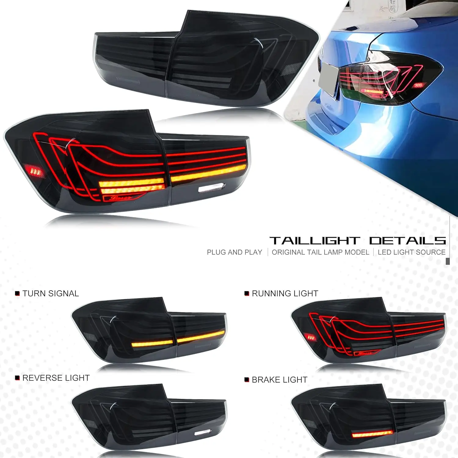 LLevo 3 Series Led Tail Lights with Sequential Dynamic Turn Signal Day Running Lights Bmw F30 Rear Led Tail Light