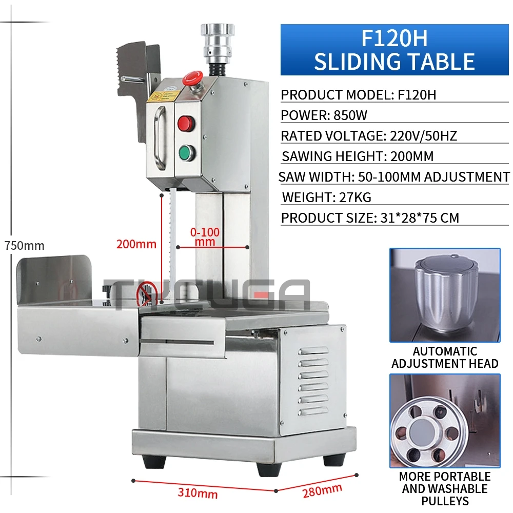 Maszyna do cięcia kości do mięsa 850W ze stołem przesuwnym Komercyjny pulpit Żebro wieprzowe Mrożone Kłusaki wieprzowe Piła do steków