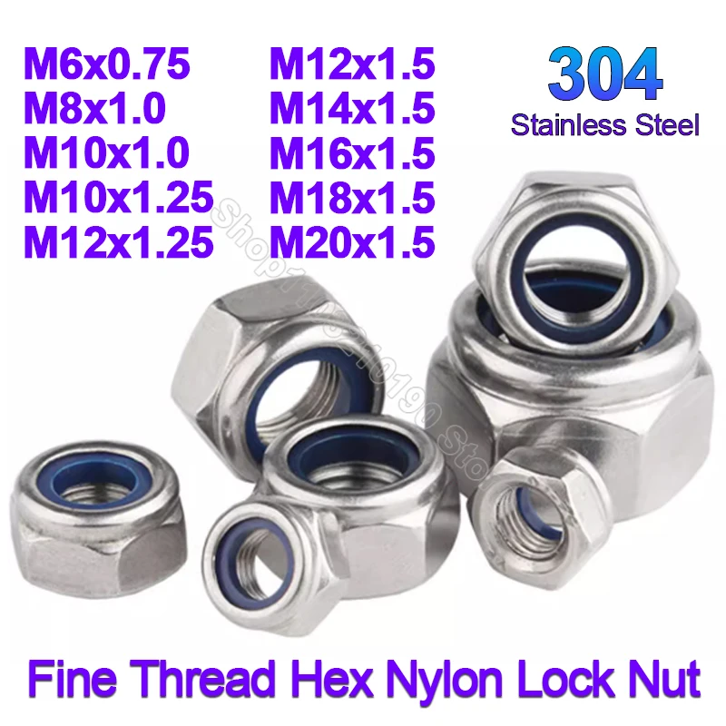 2-10pcs M6 M8 M10 M12 M14 M16 M18 M20 304 Stainless Steel Fine Thread Hexagon Nylock Nut Locknut Hex Nylon Insert Self Lock Nuts