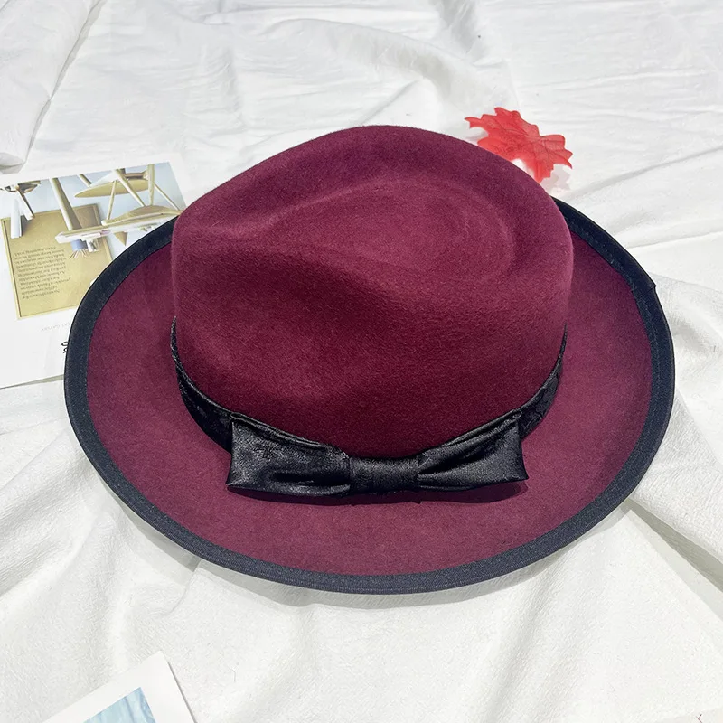 Wool Top Hat Bow-Tie Decorated Australian Wool Felt Hat Flared Felt Hat