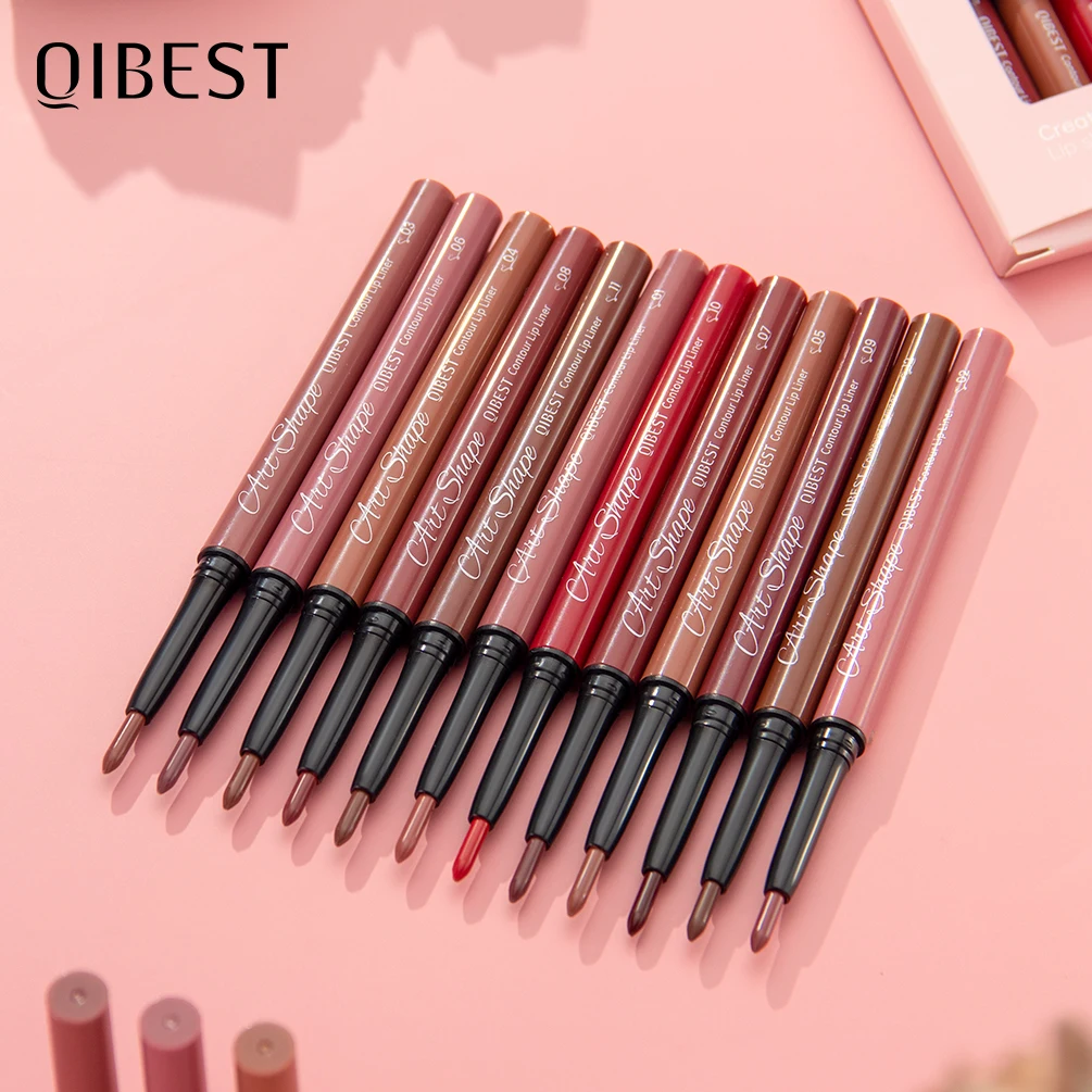 Qibest 12色マットアウトラインリップライナーセット 防水 落ちないヌードカラー リップスティックペンシル 固定リップライナーペン メイクアップセット