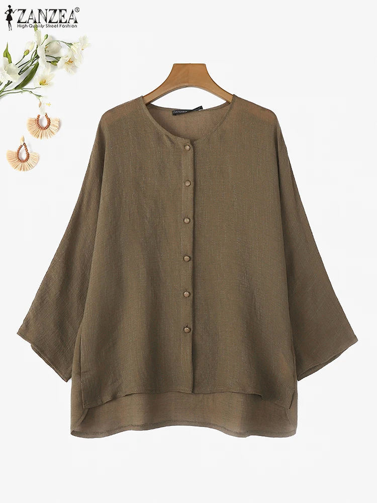 ZANZEA ELegant Round Neck Open up Blusas 2024 Women Solid Blouses Casual 3/4 Sleeve Holiday Tunics Korean Fashion Buttons Tops