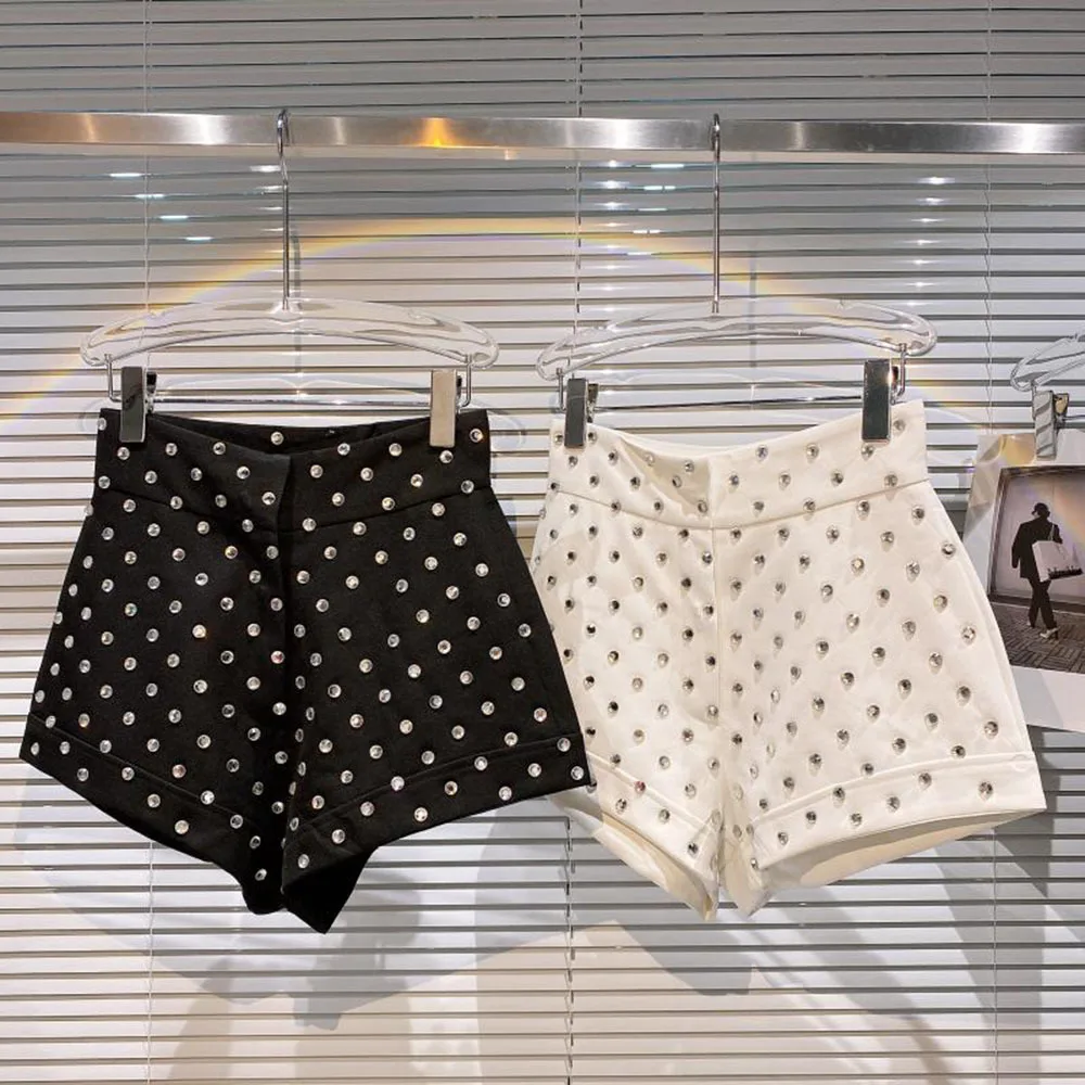 Novo grande strass temperamento shorts para mulheres de cintura alta ajuste fino branco preto curto calças verão shorts 2022