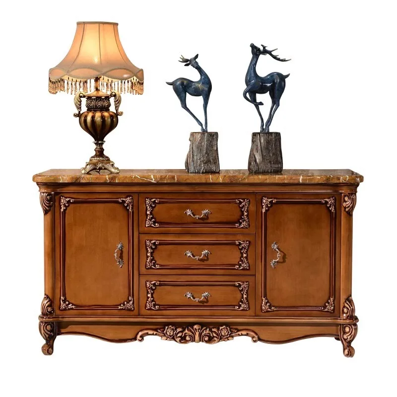 

European solid wood carving flower dining side cabinet marble countertop living room entrance tea cabinet retro color storage