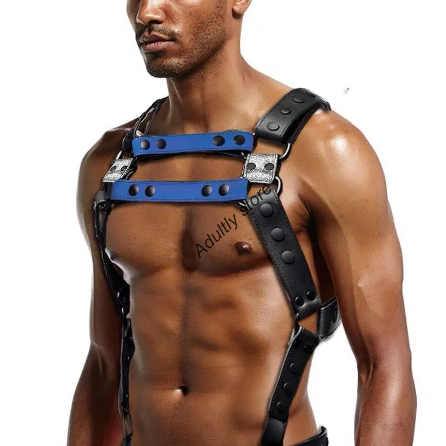 Blue Harness Sex Rave Sexual Chest Men Leather Harness Belt Adjustable Fetish Gay Body Bondage Cage Harness Lingerie bdsm outfit