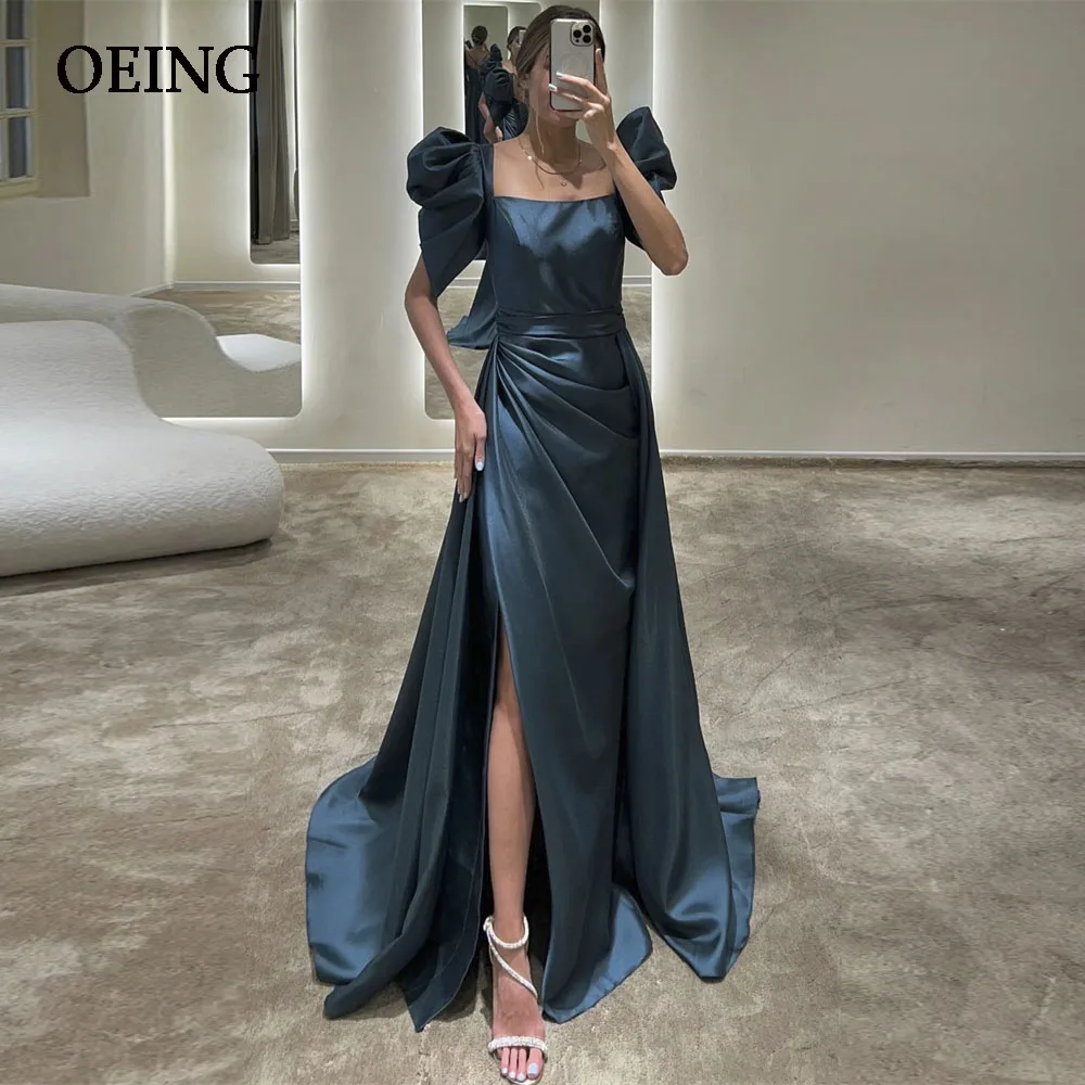 OEING Navy Blue Square Collar Prom Dresses Tiered Pleatd Evening Dress Side Split Floor Length Formal Occasion Vestidos De Noche