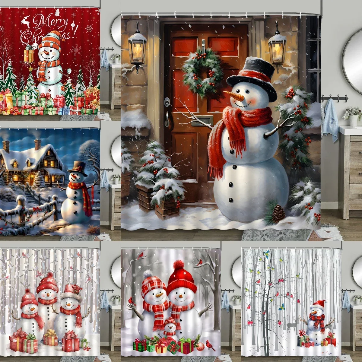 Christmas Shower Curtain, Winter Holiday Snowman Father Christmas Snowflake Farm Farmhouse Red Bird Truck Moose Bathroom Decor