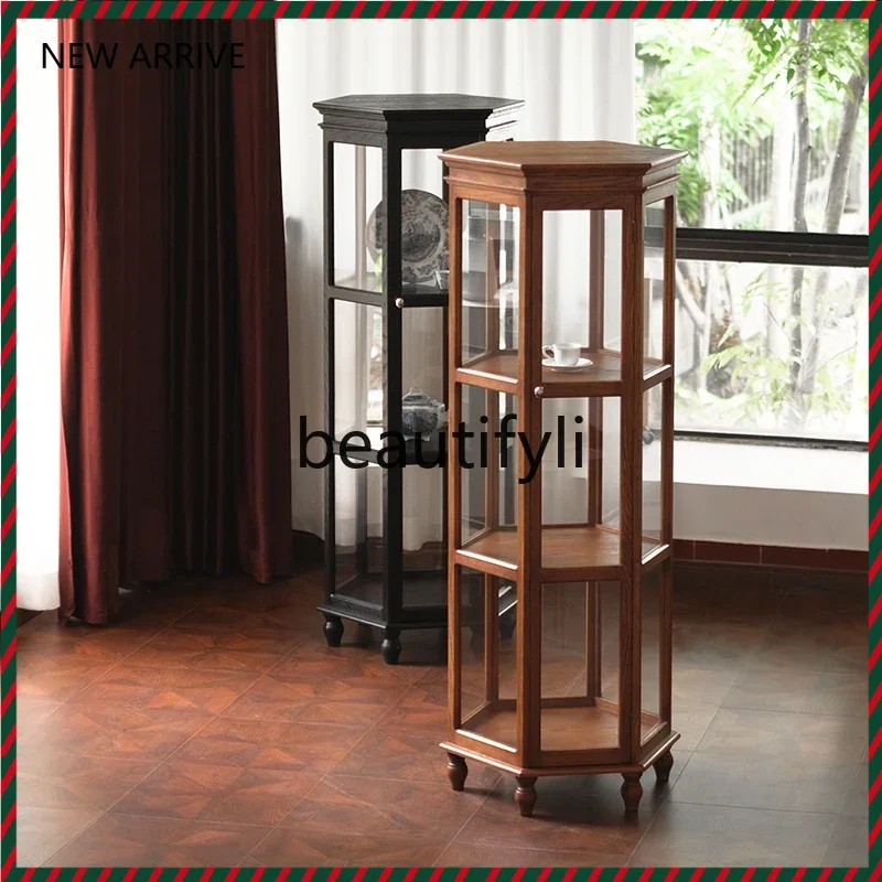 

D2520 Medieval display cabinet hexagonal solid wood glass cabinet floor retro wine cabinet