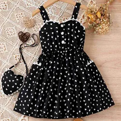 4-7Y Children Sundress For Girls Summer Clothes Spaghetti Strap Heart Printed Kids Dresses With Shoulder Bag Beach Party Dress