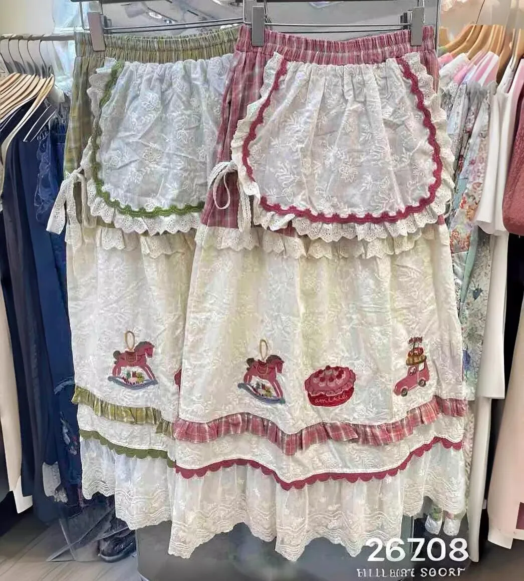 

Vintage Embroidery Japanese Mori Girl Sweet Patchwork Lace Elastic Waist A- Line Skirt Cotton Skirt Jupe Femme Faldas