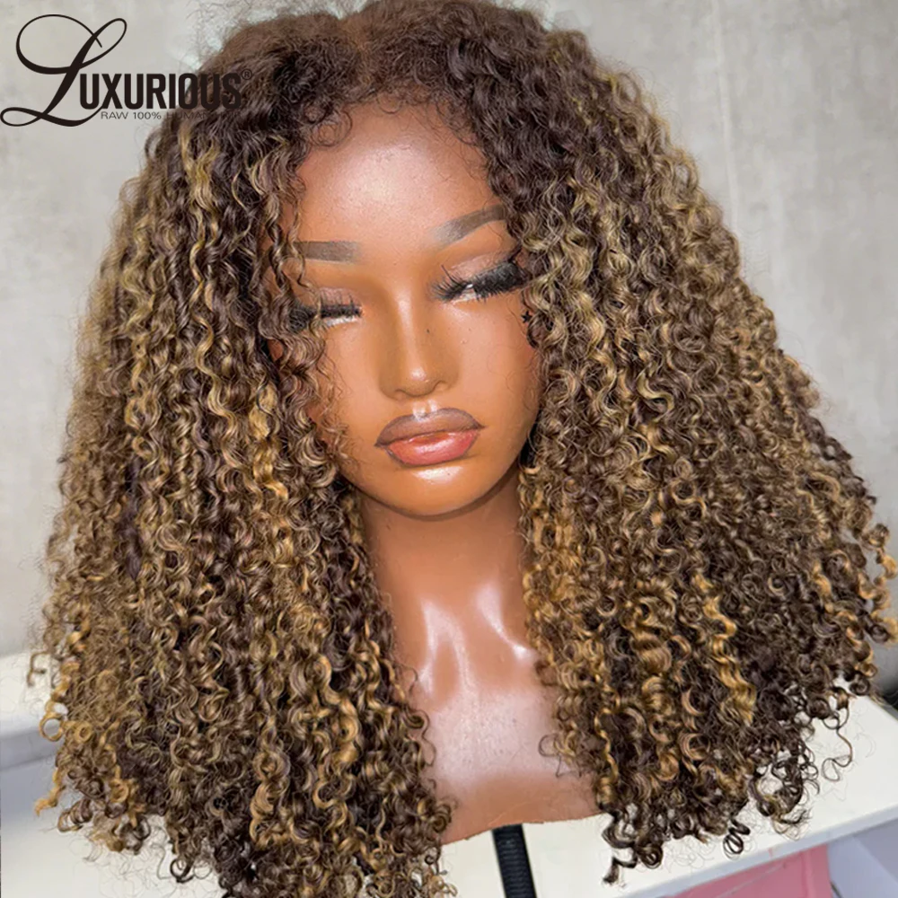 Highlight Ombre Honey Blonde Human Hair Wig With 4c Edges 13x4 Bouncy Curly Lace Front Wig Afro Curly Wig 250 Density