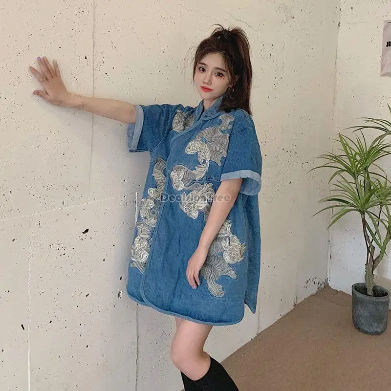 2024 chinese style vintage short sleeve qipao dress women hanfu denim skirt embroidery qipao dress casual daily embroidery dress