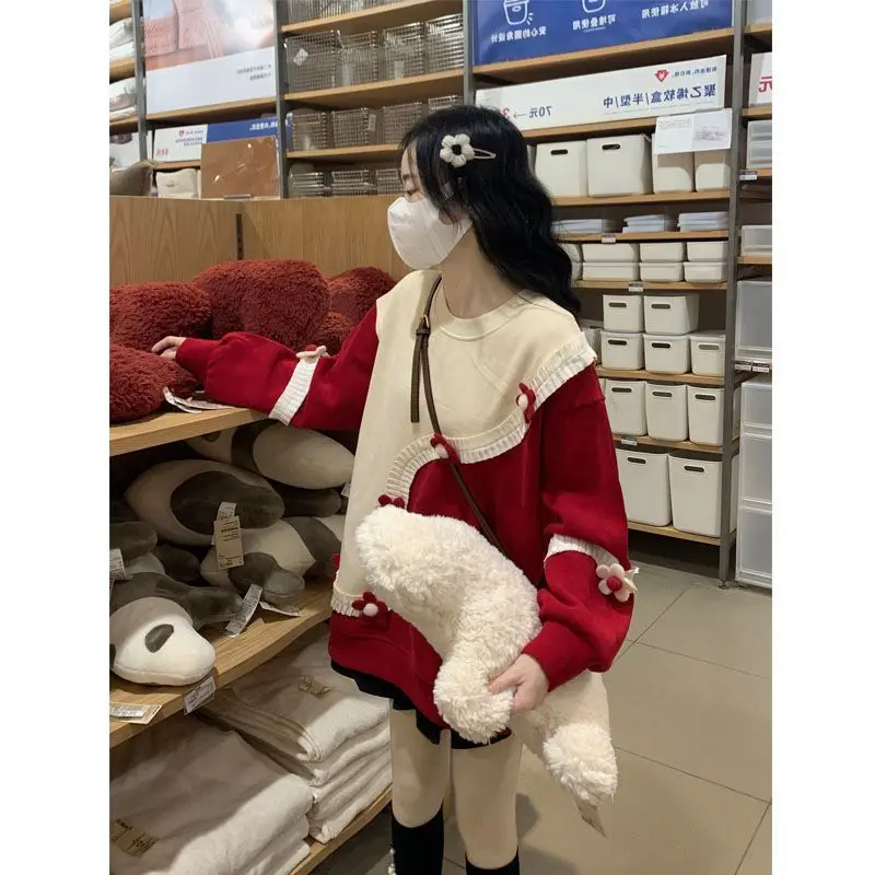 스웨트셔츠 청소년 여성 상의 디스트레스드 슈퍼 라지 캠퍼스 컬러 여름 컬러블록 다크웨어 라운지웨어 인기 있는 핏 O넥