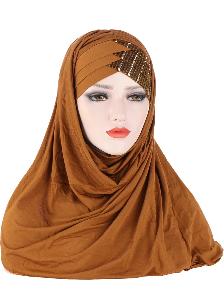 

Sequins Glitter Forehead Cross Muslim Hijab Scarf Ready to Wear Turban Hijabs Islamic Women Headscarf Female Head Wraps Turbante
