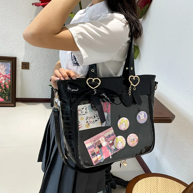 Kawaii Crocodile Pattern PU Leather Itabag Women School JK Uniform Bag Shoulder Bag Tote Transparent Crossbody Bag Ita Bag Bolso