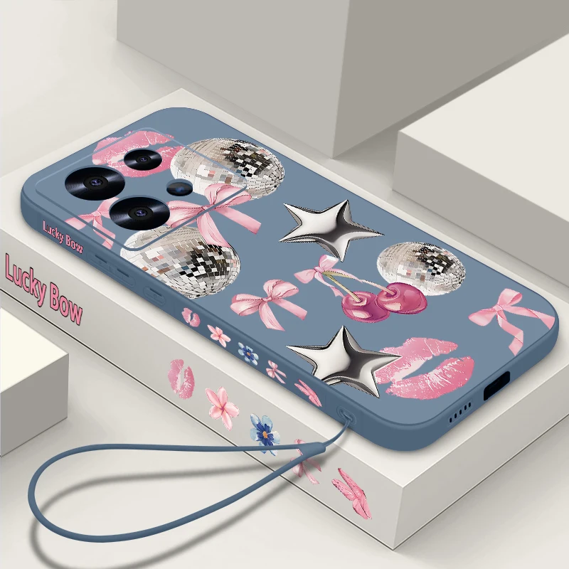 Cherry Bowknot Pattern TPU Phone Case For Xiaomi 13T 14T Pro 11T Pro Wrist Lanyard Soft Silicone Back Cover For Mi 14T 13T Pro