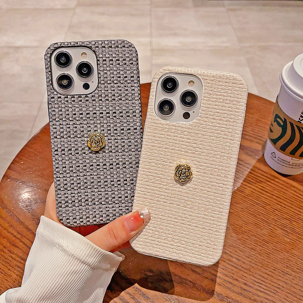 New Internet Celebrity Woven Pattern Metal Camellia Phone Case For iPhone15 14 11 12 13Pro Max Plus X XR XS Luxury Protect Cover