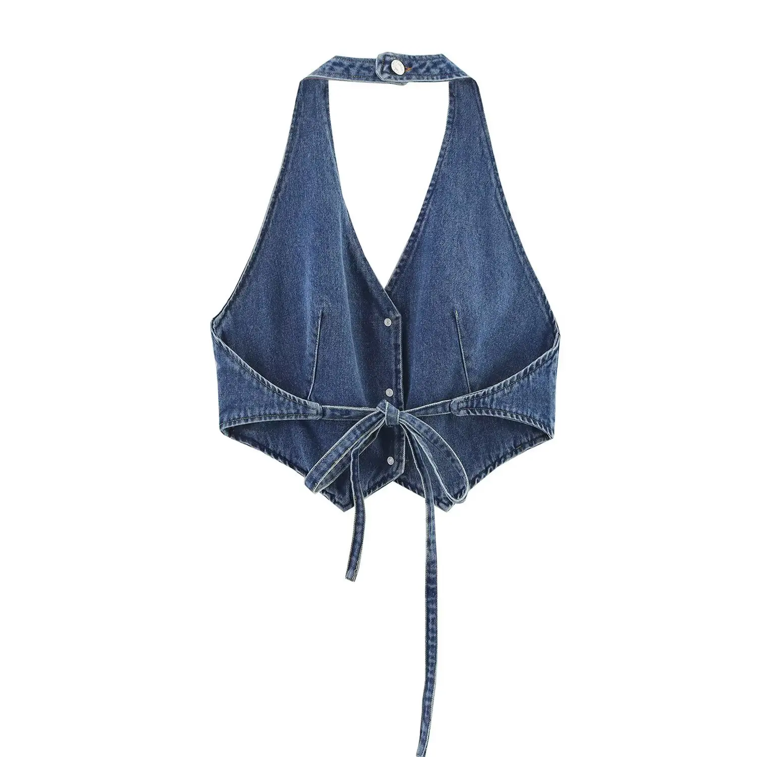 Klassisches 2-teiliges Denim-Rock-Set für Damen. Wunderschönes Denim-Neckholder-Oberteil mit offenem Rücken, passender, zerrissener Denim-Minirock mit Taschen
