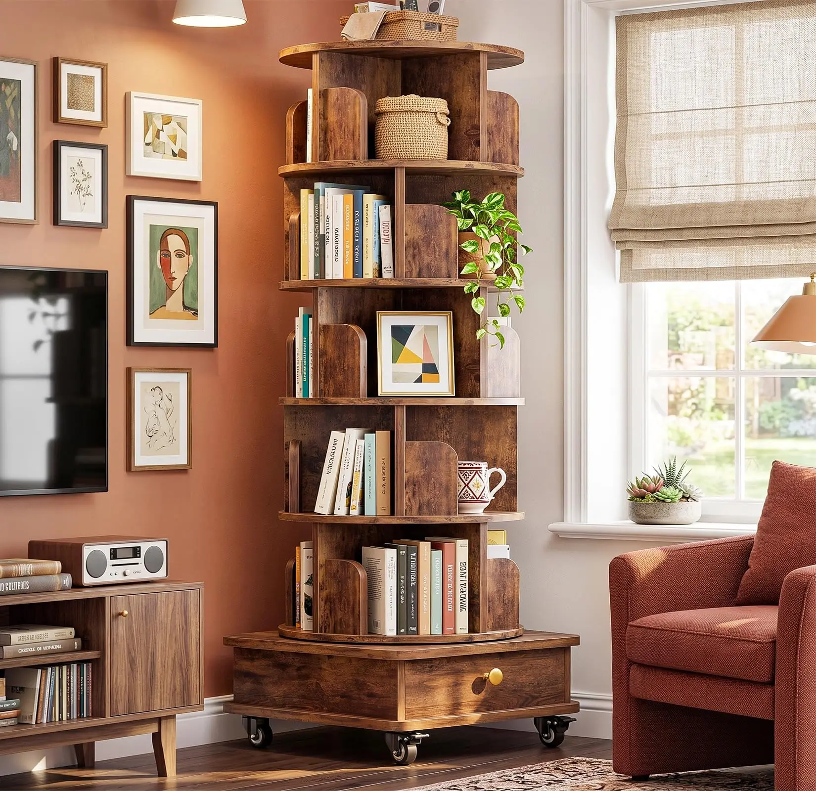 6 Tier Rotating Bookshelf, Revolving Bookcase with Der & Wheels