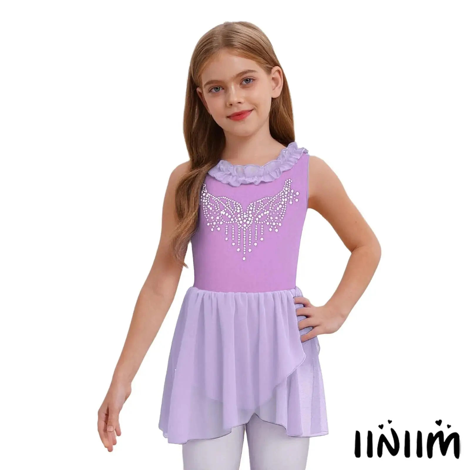

Kids Girls Ballet Dance Dresses Sparkling Ruffled Collar Sleeveless U-Back Leotard Dress for Ballet Latin Dance Performance