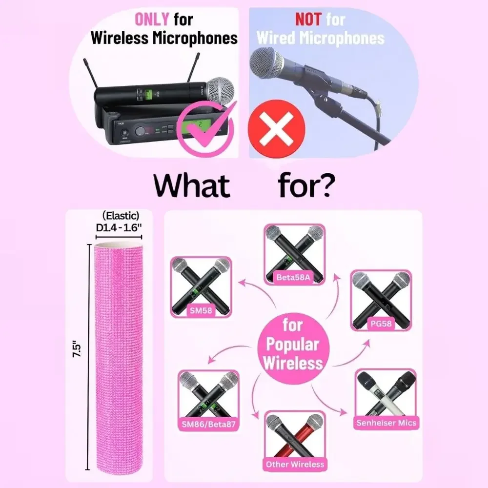 Bedazzled Rhinestone Wireless Microphone Cover, Cordless Mic Sleeve Pink, Blue, Colored for Disco, Stage, Party, TV Show