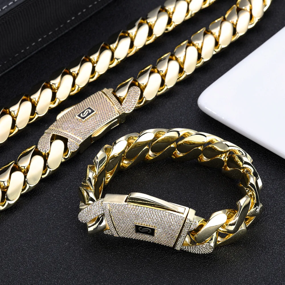 

Men's Necklaces 12-24mm Iced Out Gold Cuban Miami Chains High-end Heavy Link Chain for Men Hip Hop Rock jewelry