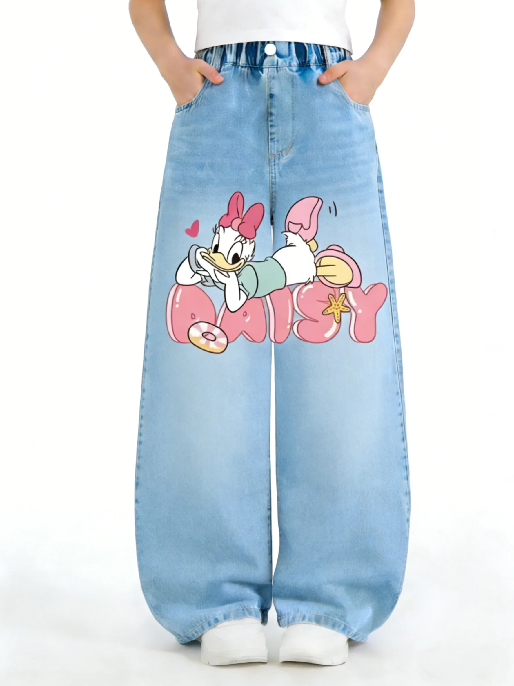 

Джинсы-кэжуал для девочек Princess Disney с принтом Дейзи, с высокой талией, защищающие живот, детские джинсы