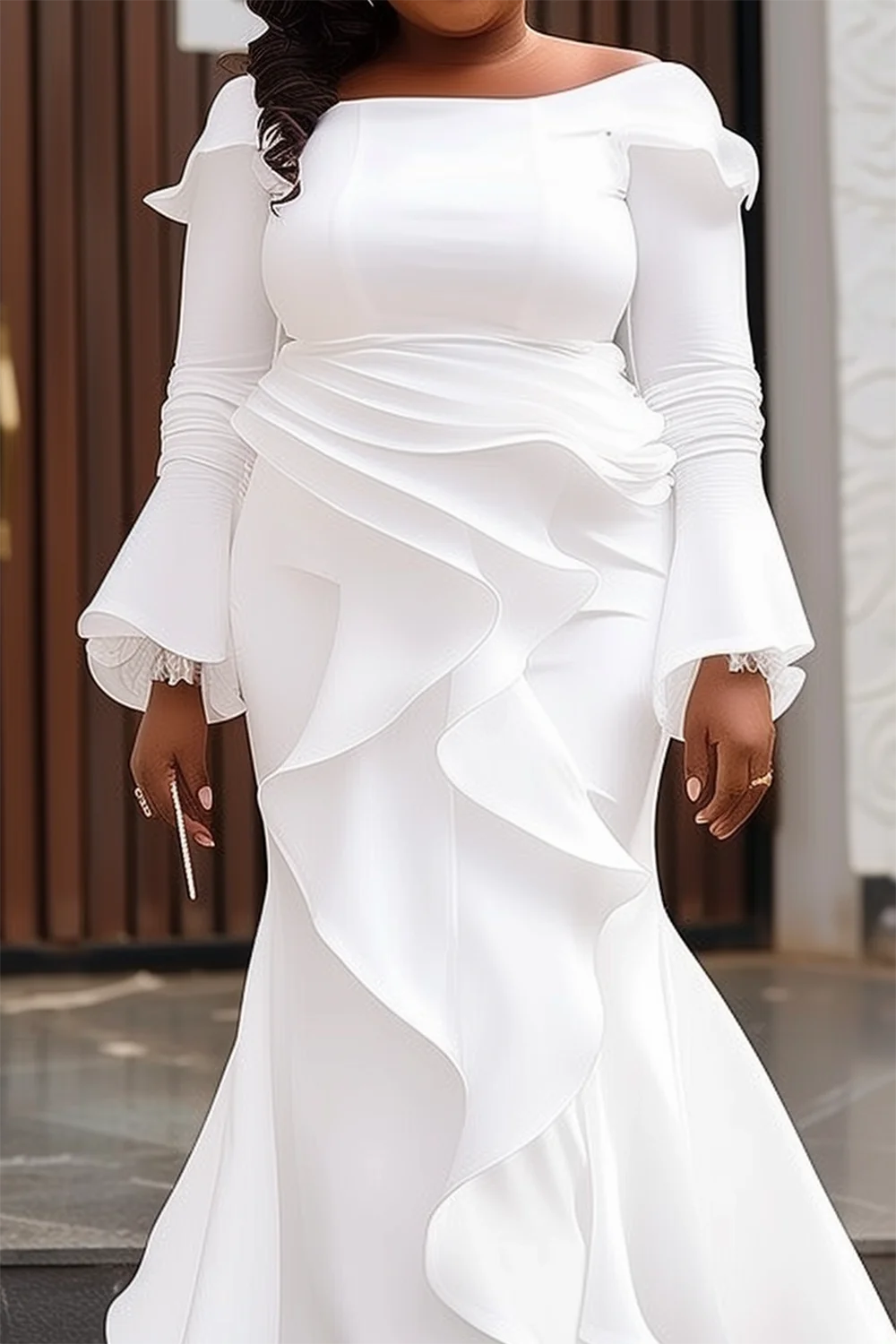 Plus Size Wedding White Off The Shoulder Flare manica lunga Maxi abiti con orlo asimmetrico