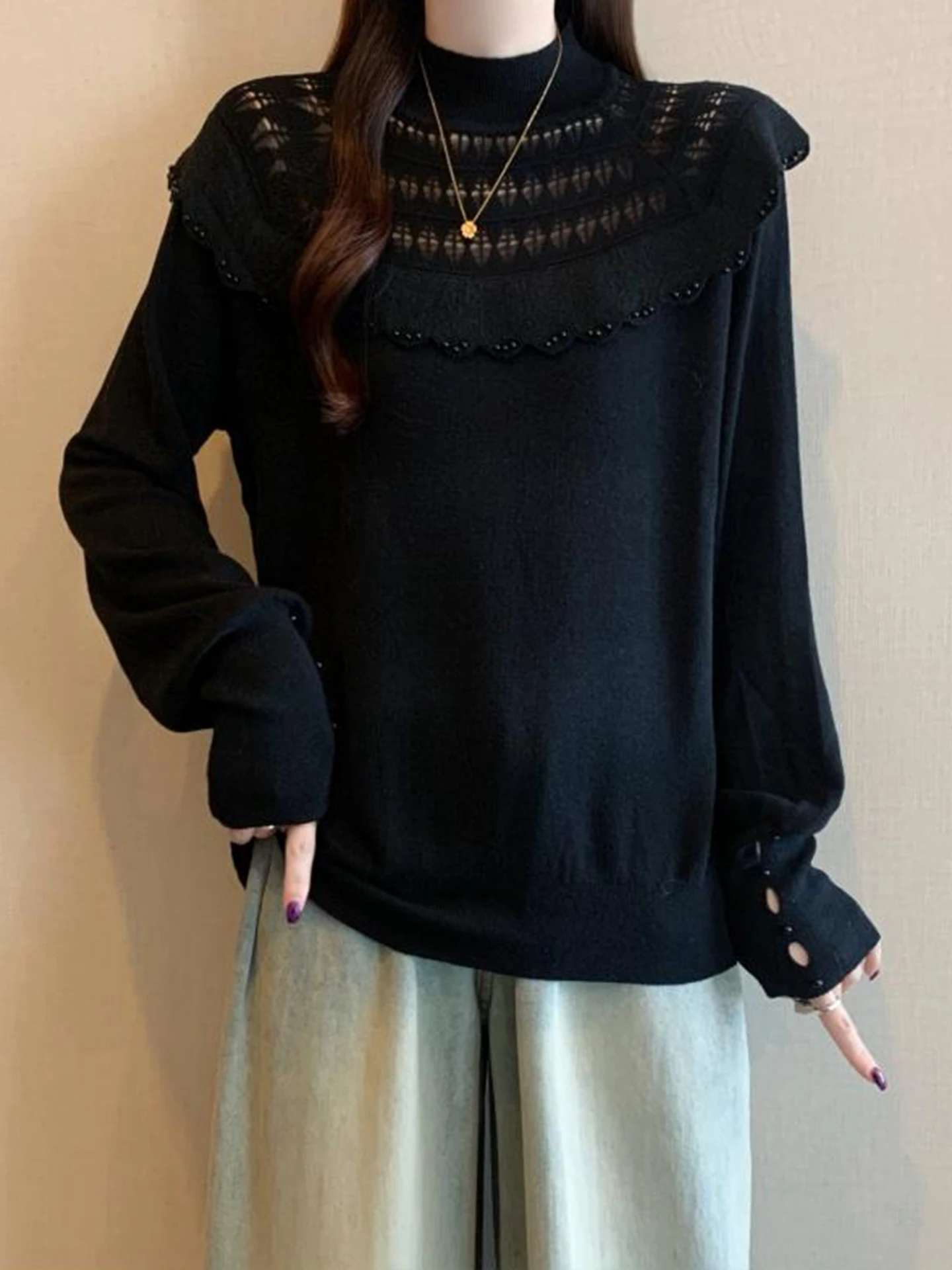 

Black Knitted Half High Collar Beaded Base Shirt Women Spring Autumn plus Size Conceal Belly Design Sensation Inner Wear Top