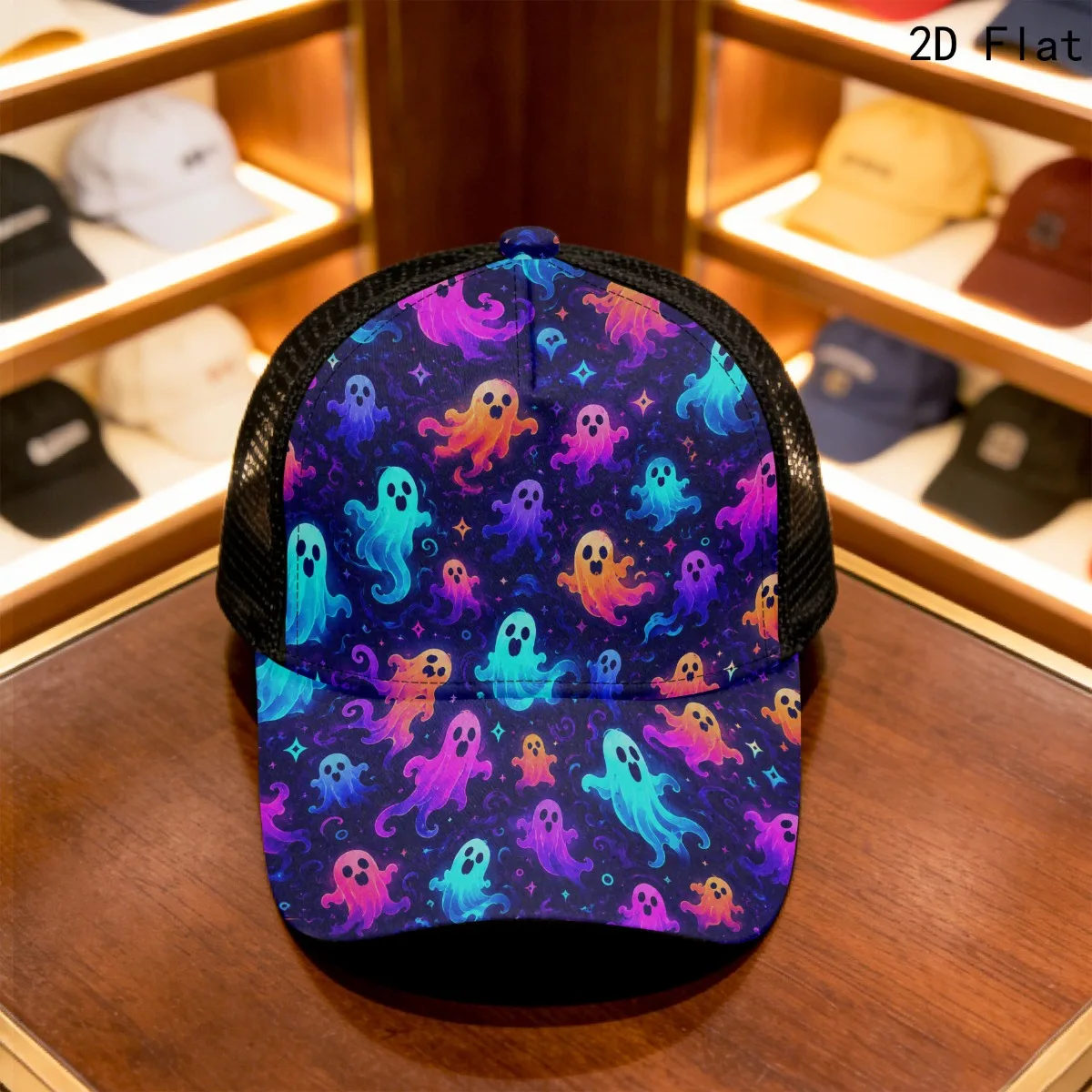 2D Flat Neon Colorful Ghost Print Sporty Mesh Cap, Durable Unisex Headwear Street Style Trendy Design, Flexible Breathable