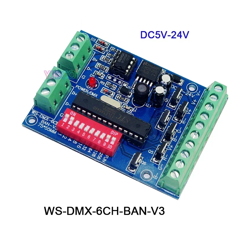 

5V 12V 24V RGB LED Strip Tape 6 Channels DMX512 Decoder 6CH DMX Controller Board 2 Groups Module Light Dimmer WS-DMX-6CH-BAN-V3