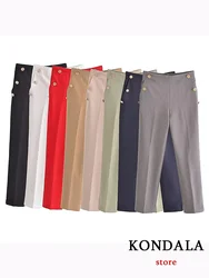 KONDALA Casual Chic Vintage Women Pants Solid Pockets Metal Button Straight Pants Fashion 2023 Autumn Office Lady Trousers