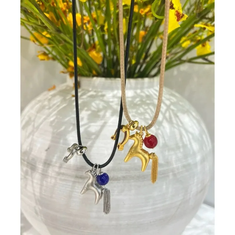 

Copper Horse Charm Pendant Necklaces Vintage Style With Tassel & Red/Blue Bead Adjustable Leather Chain Fashion Jewelry ForWomen
