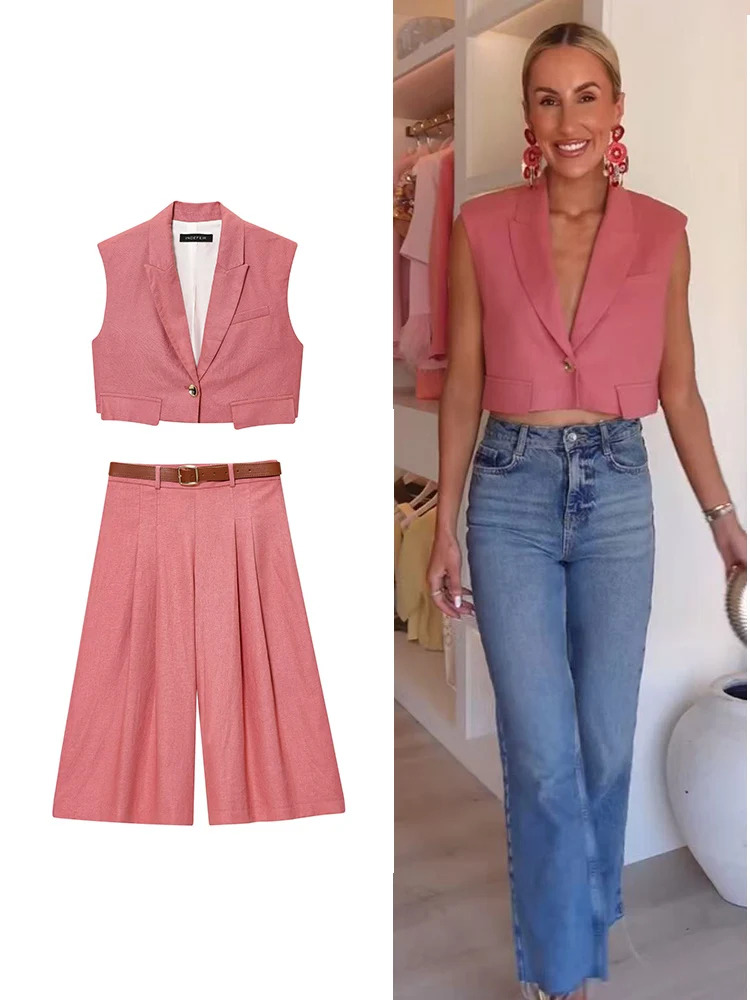 

TFMLN Women Calf-length Pants Set Single Button V-neck Sleeveless Waistcoat High Waist Wide Leg Belt Short Trousers Outfits