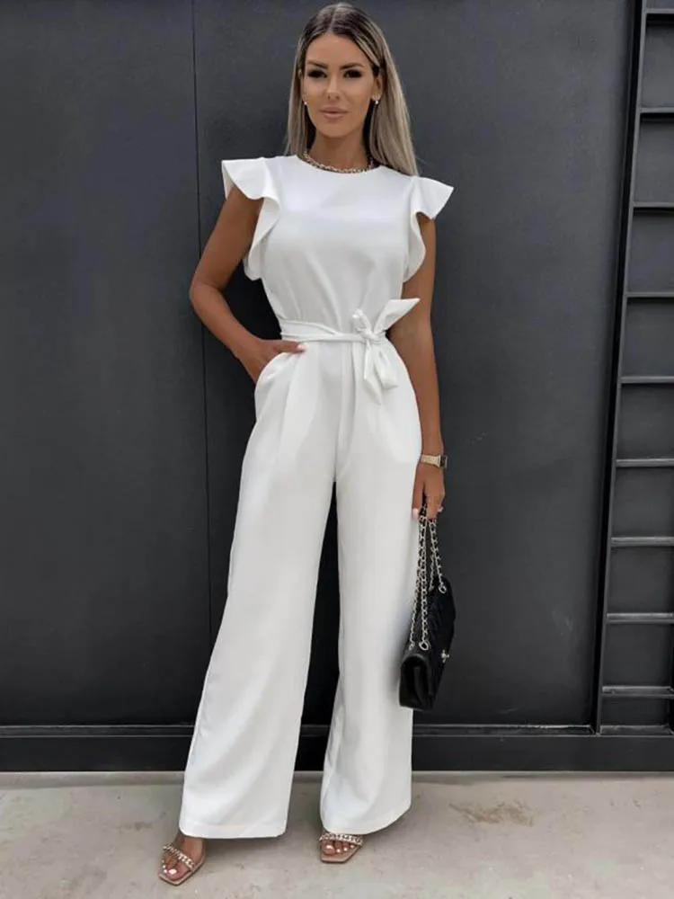 Fashion kupu-kupu lengan lebar kaki Jumpsuit wanita 2024 musim panas kasual elegan baju monyet Vintage Streetwear Jumpsuit overall wanita