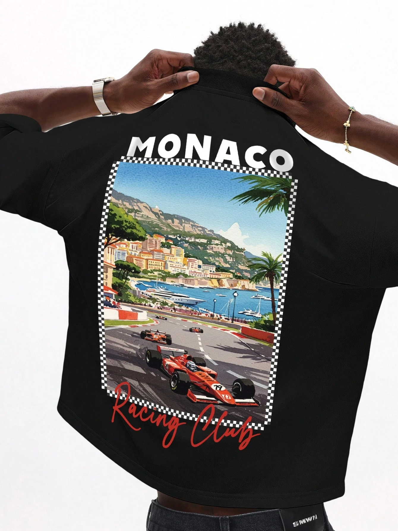 2026 new Short-sleeved retro coastal city race track pattern checkered border and handwritten text suitable for both casual wear