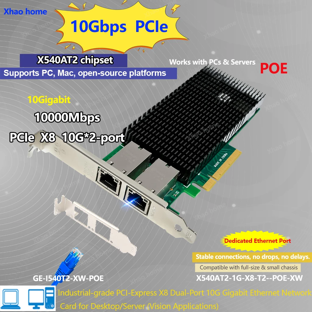 

X540 10G Dual-Port POE Network Card - PCI-E to POE Converter with Opto-Isolation & Surge Protection for Industrial Vision/Server