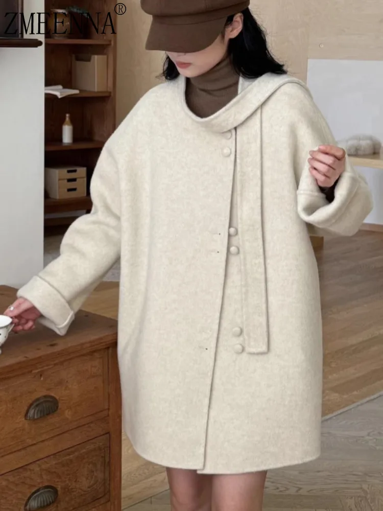 

ZMEENNA Oversized Women's Wool Blend Winter Coat With Unique Button Closure And Scarf Collar Chic Warm Outerwear Fashion ZM3432