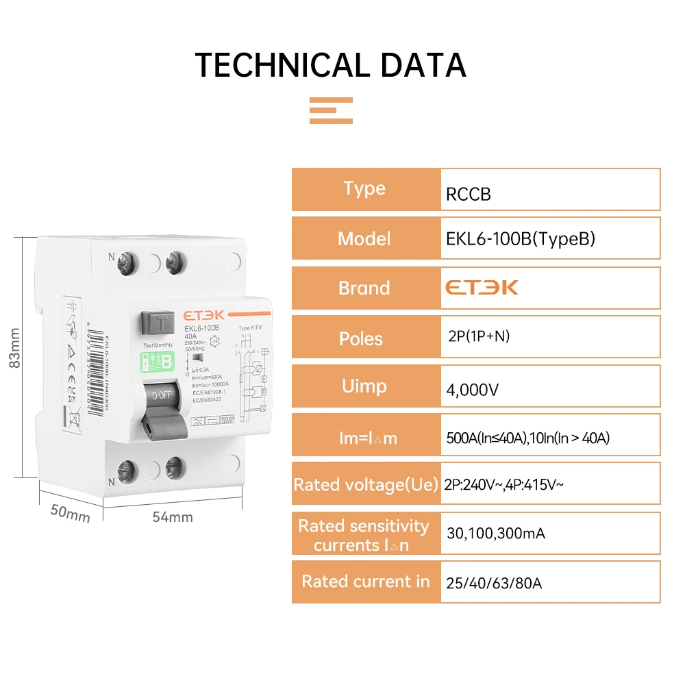 ETEK tipo B interruttore di corrente di dispersione di terra RCD RCCB guida Din 2 poli 4 poli 40A 63A 100A 30mA 300mA per caricabatterie EV RCD EKL6