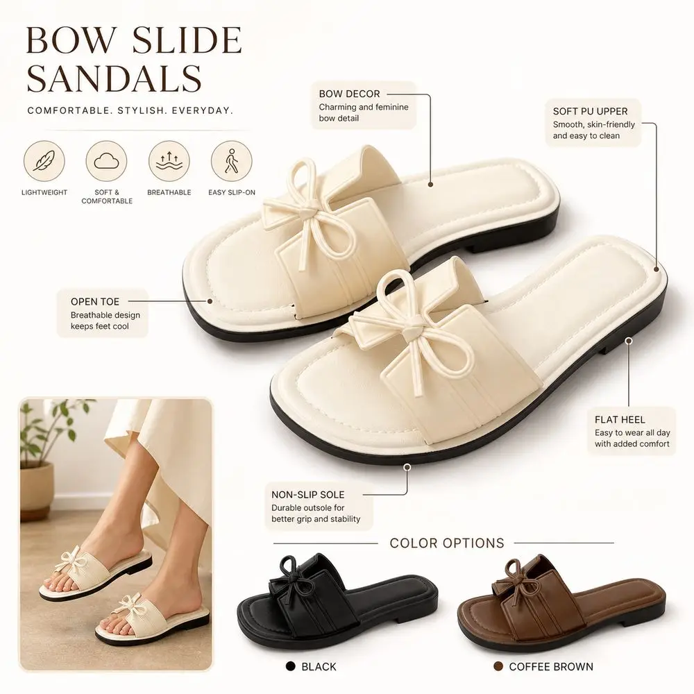 Fashion Open Toe Bow Slide Sandals Non Slip Sole Flat Heel Open Toe Sandals Soft Upper Summer Slippers Bow Decor