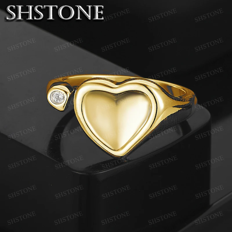 18K Gold Adjustable Smooth Zircon Heart Ring For Women Luxury Party Birthday Engagement Wedding Charm Jewelry Gift