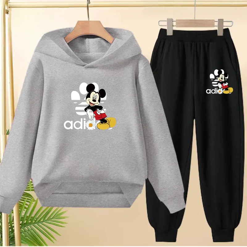 

Children's Sportswear Disney Mickey Print Hooded Sweatshirt + Long Pants Set Both Boy and Girls Like Loose Children Running Suit