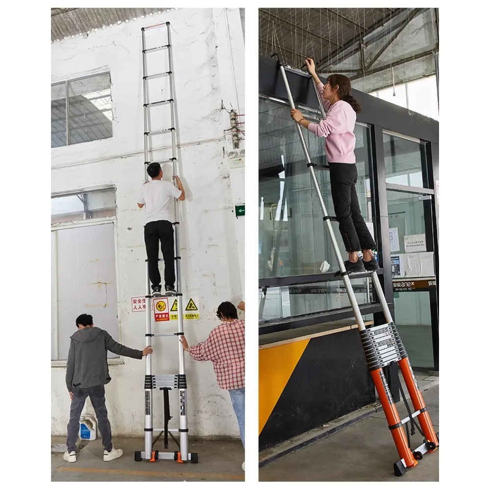 Escada portátil extra grossa e telescópica com gancho, escada longa e reta de bambu, escada de elevação de alumínio