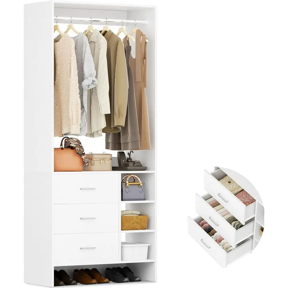 

2.5T 3-Shelf Wooden Closet Organizer, 29.5 for Walk-in or Small Closets, White Hanging Rods System