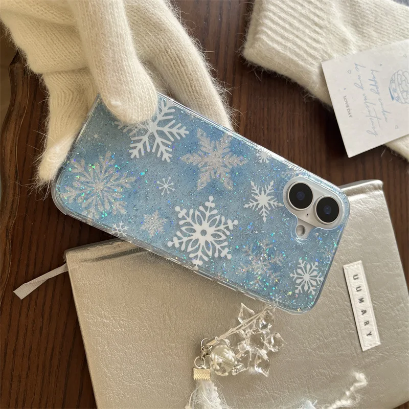 겨울 눈송이 반짝이 반짝이 투명 펜던트 전화 케이스, 아이폰 16, 15, 14, 13 프로 맥스 케이스, 귀여운 럭셔리 만화 커버