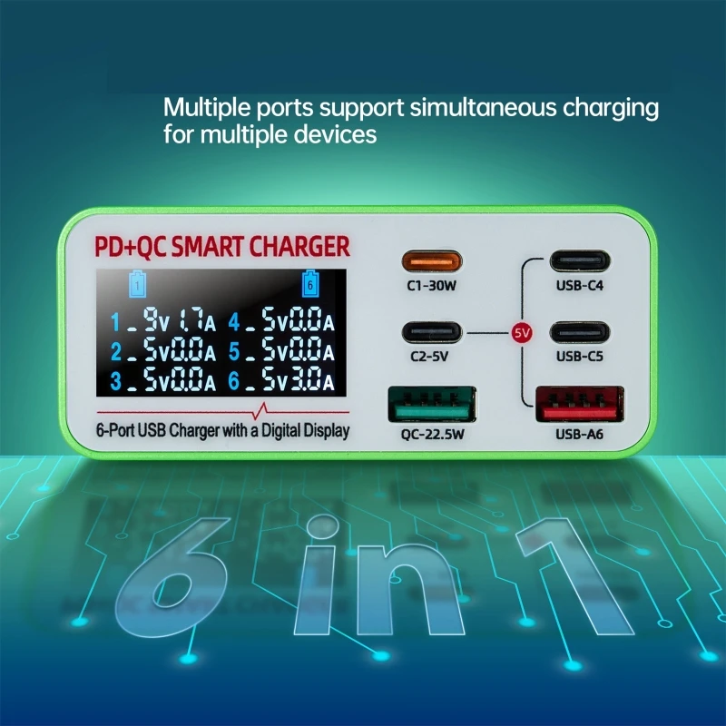 HX6A 6 Port USB Charging Station with Monitors & Fast Support Comprehensive Charging for Whole Your Devices