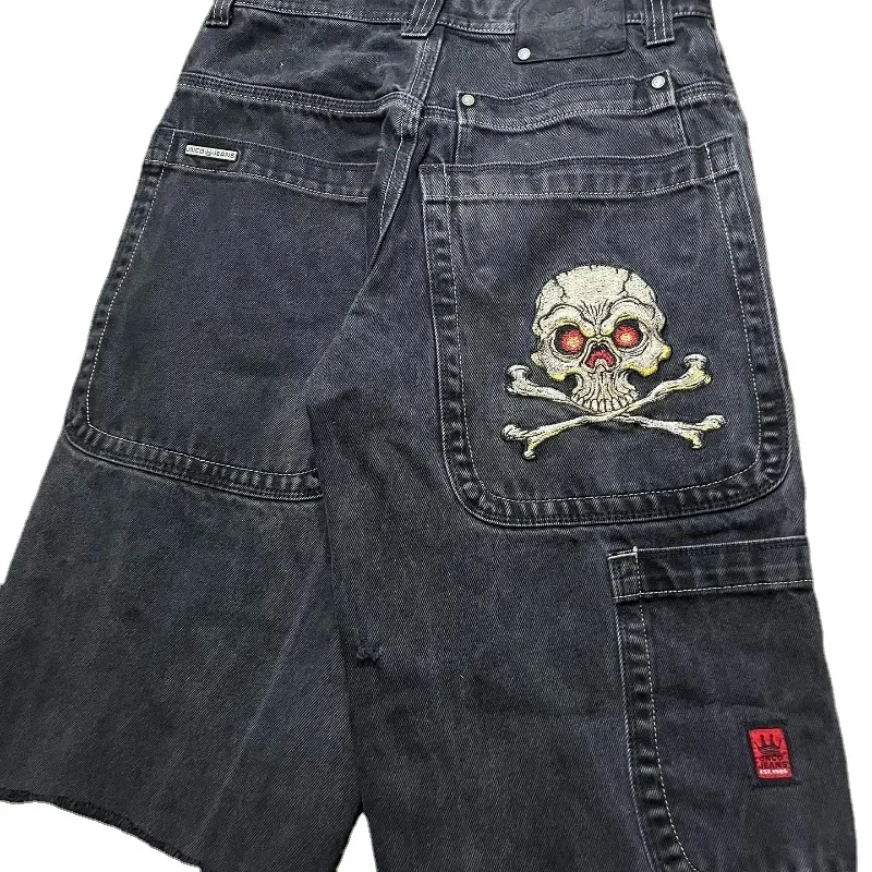 Y2K American shorts new Harajuku hip-hop skull embroidered loose denim shorts retro gothic wide-leg five-quarter pants street